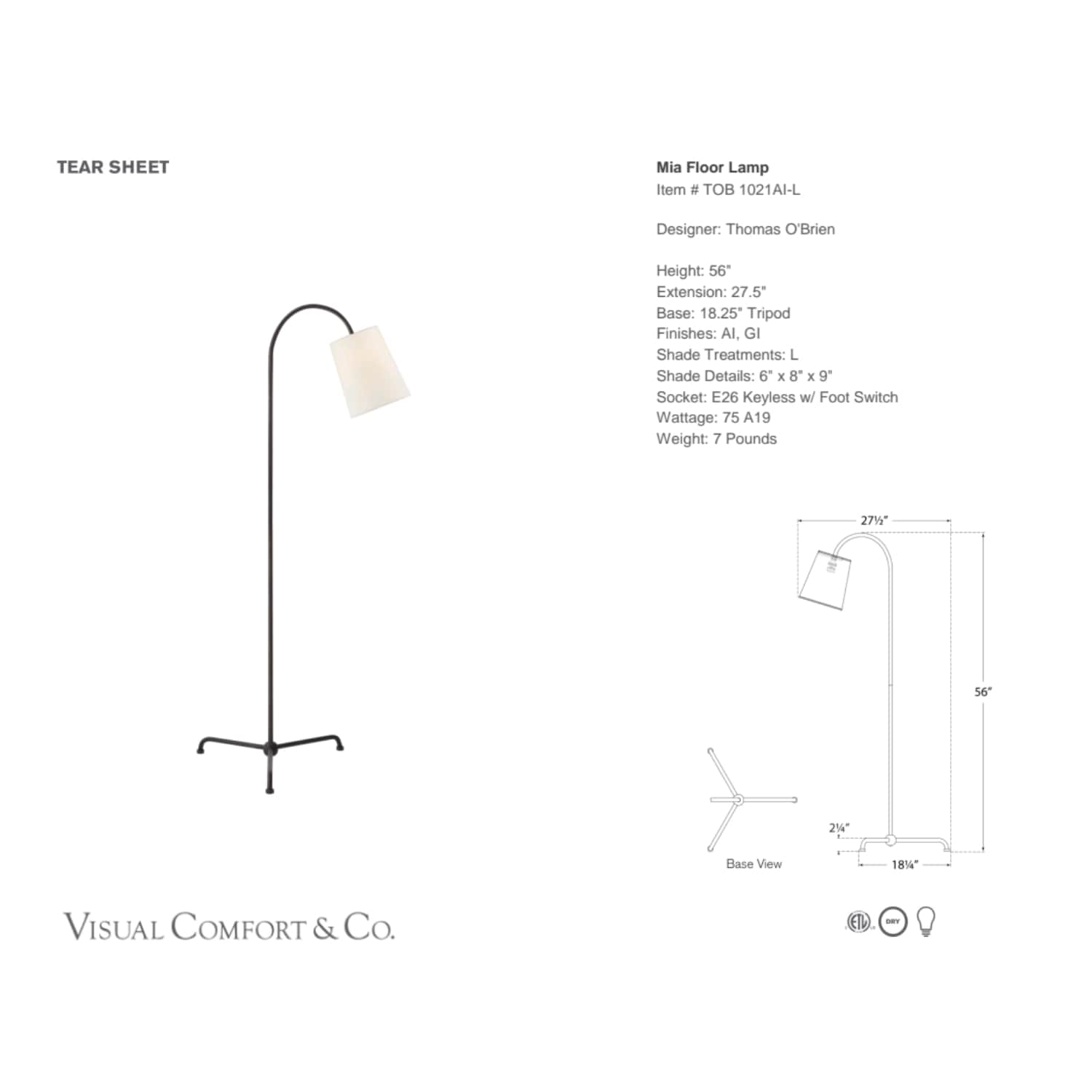 Mia Floor Lamp – Thomas O’Brien Designer Lighting - Gaudion Furniture