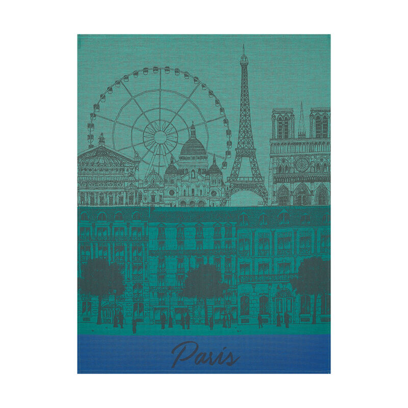 Teal fabric with Paris-themed design featuring Eiffel Tower and Ferris wheel.