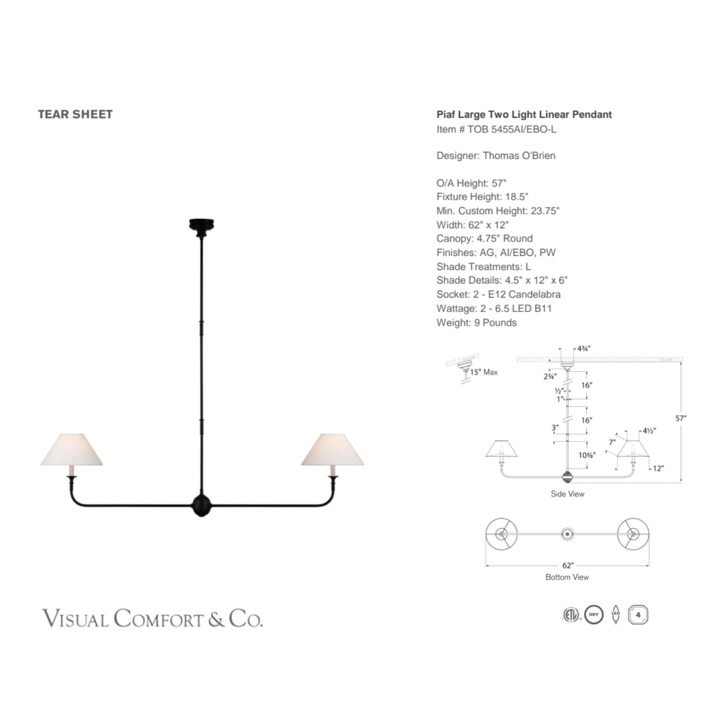 Piaf Large Two Light Linear Pendant - Gaudion Furniture