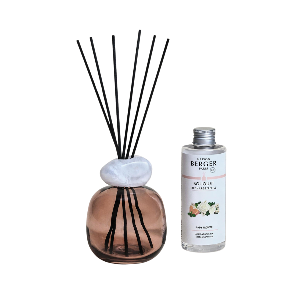 Maison berger diffuser pink with white quartz and floral scent. Gaudion Furniture
