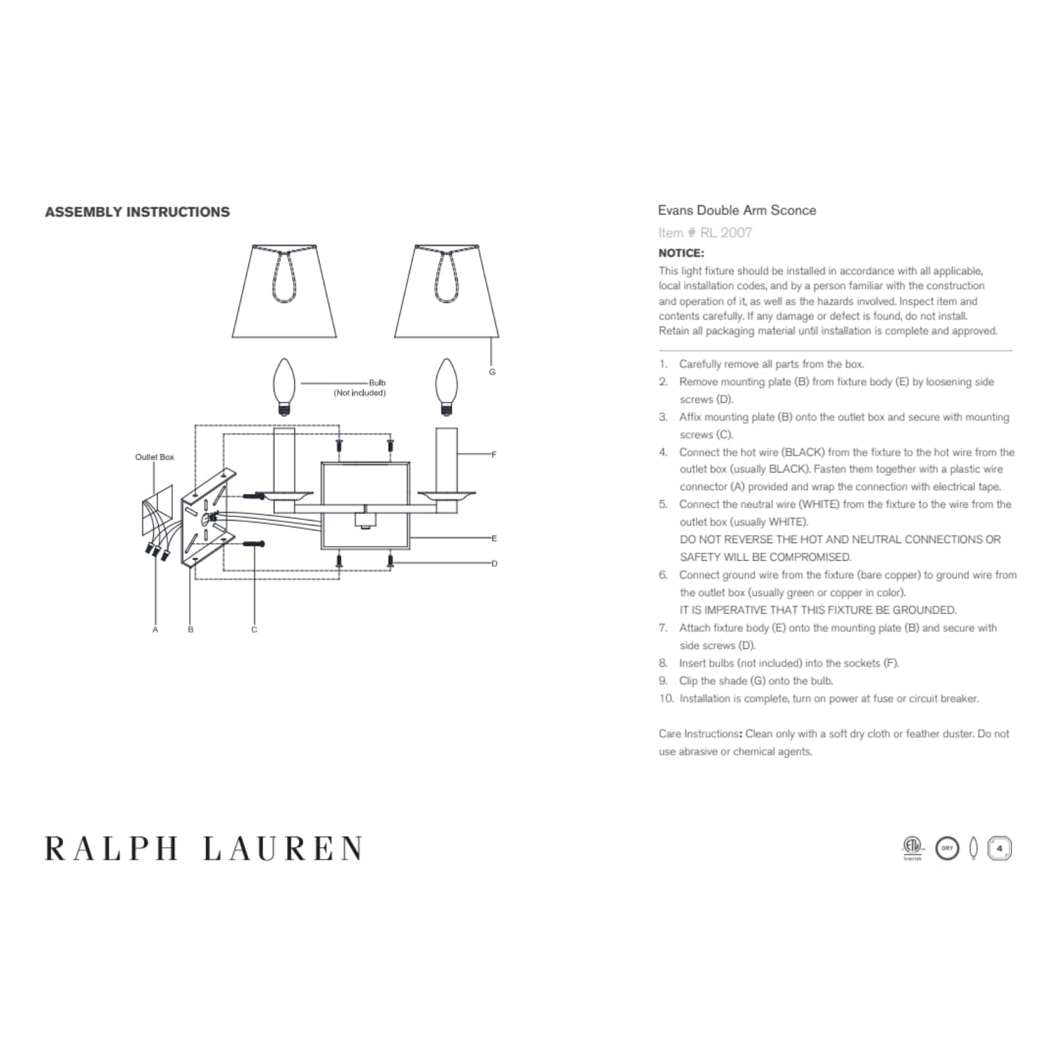 Ralph Lauren Evans Double Arm Sconce - Gaudion Furniture