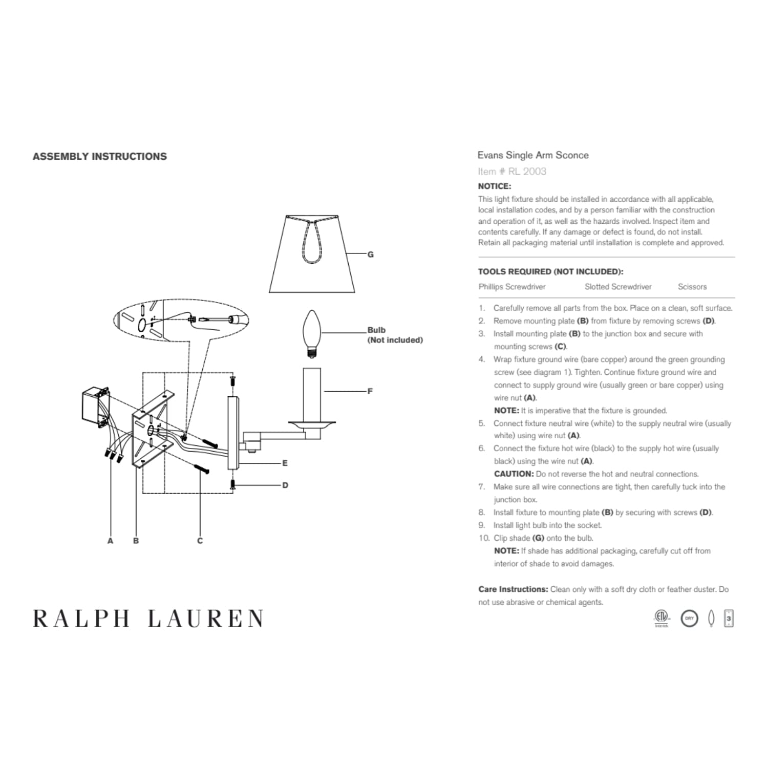 Ralph Lauren Evans Single Arm Sconce - Gaudion Furniture