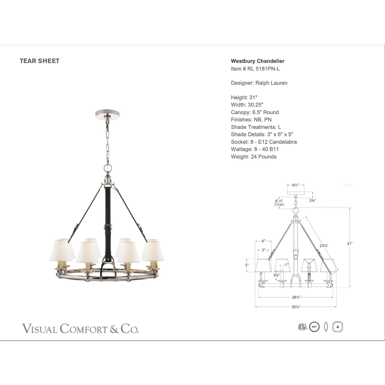 Ralph Lauren Westbury Chandelier in Polished Nickel Order Item - Gaudion Furniture