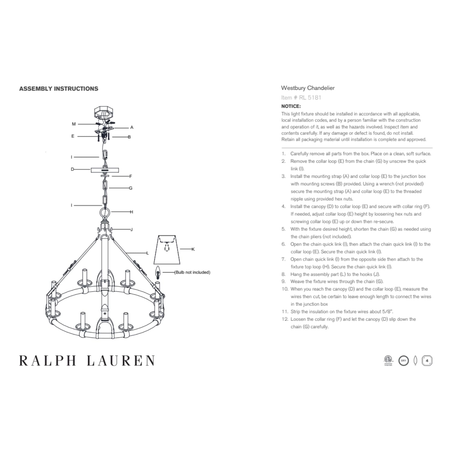 Ralph Lauren Westbury Chandelier Natural Brass - Gaudion Furniture