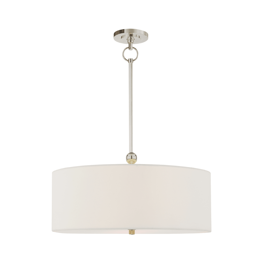 Pendant light with white shade and gold accents on a white background