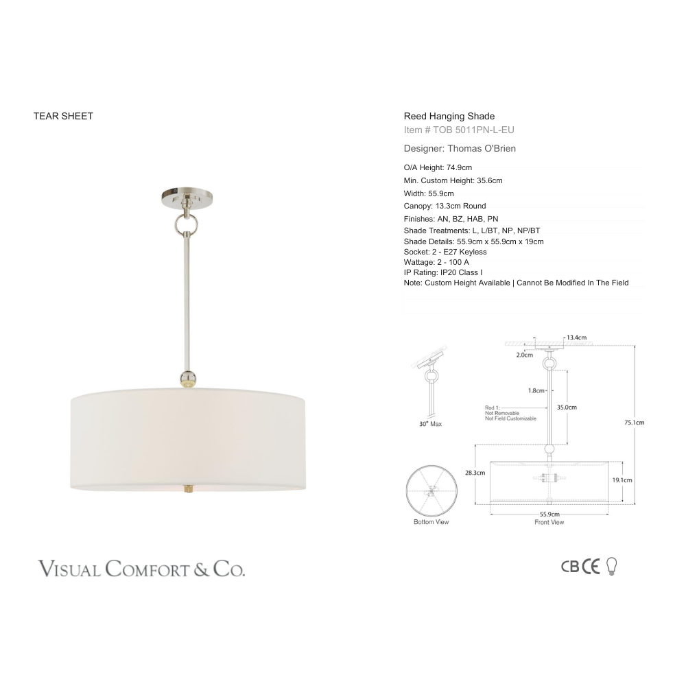 Reed Hanging Shade visual comfort thomas o'brien specs