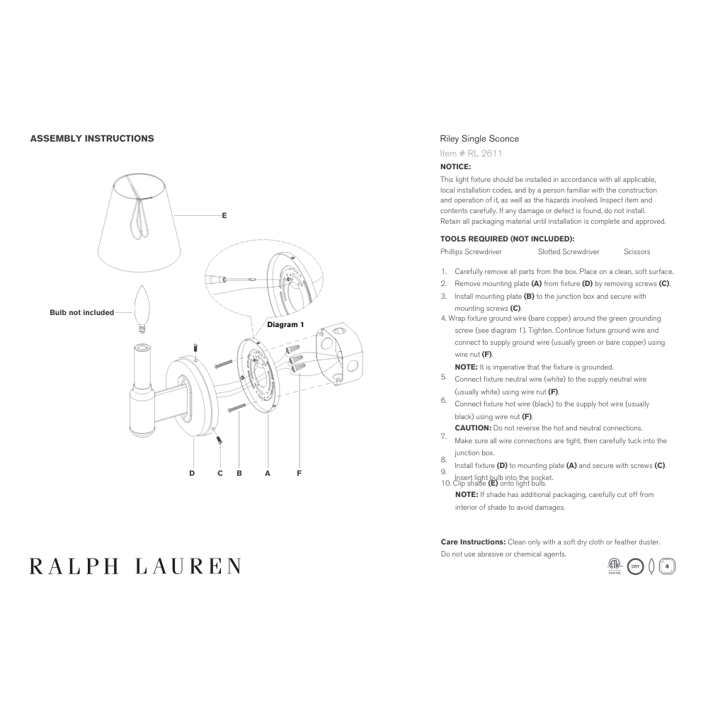 Ralph Lauren Riley Sconce with leather detailing. installation guide. gaudion furniture