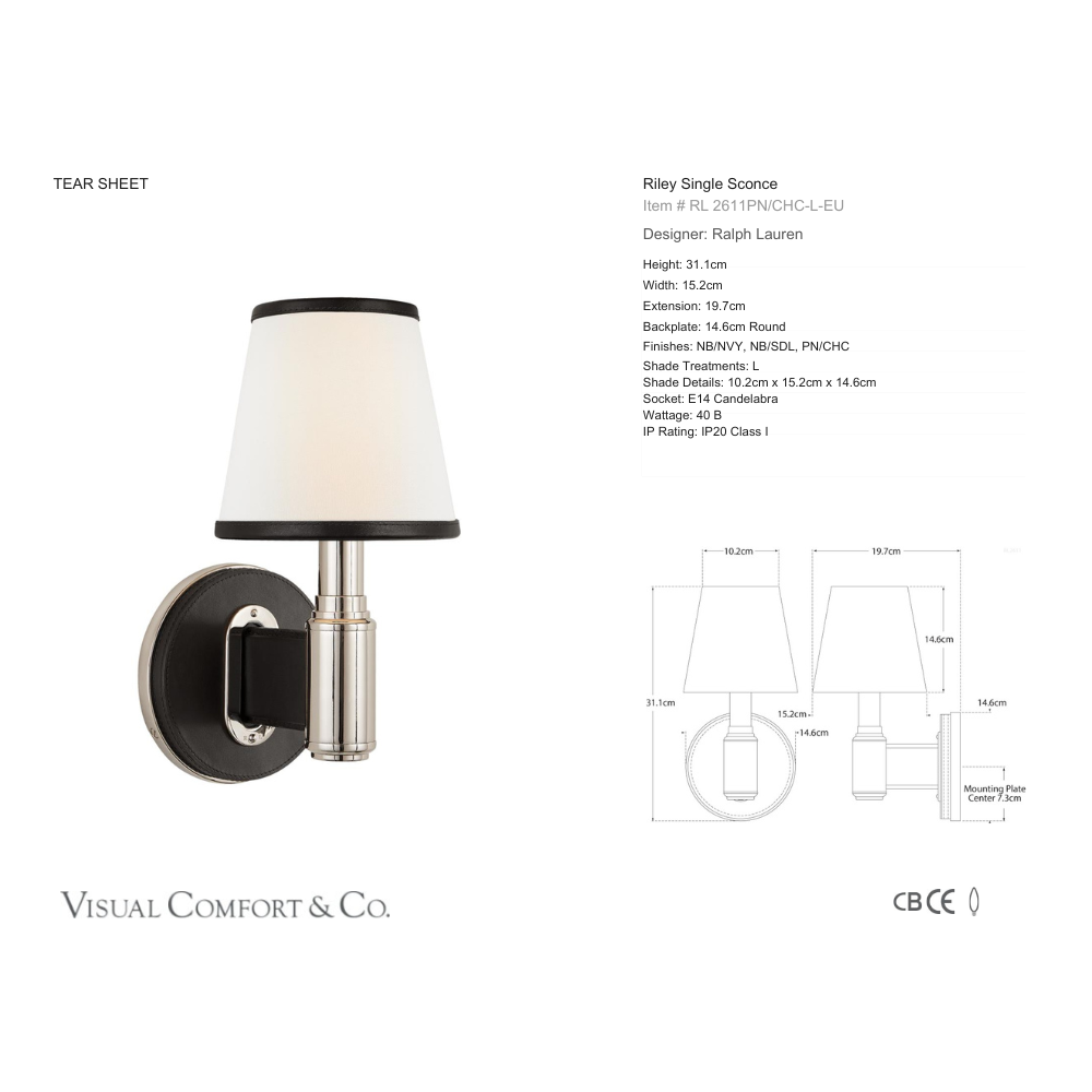 Ralph Lauren Riley Sconce with leather detailing. spec sheet. gaudion furniture