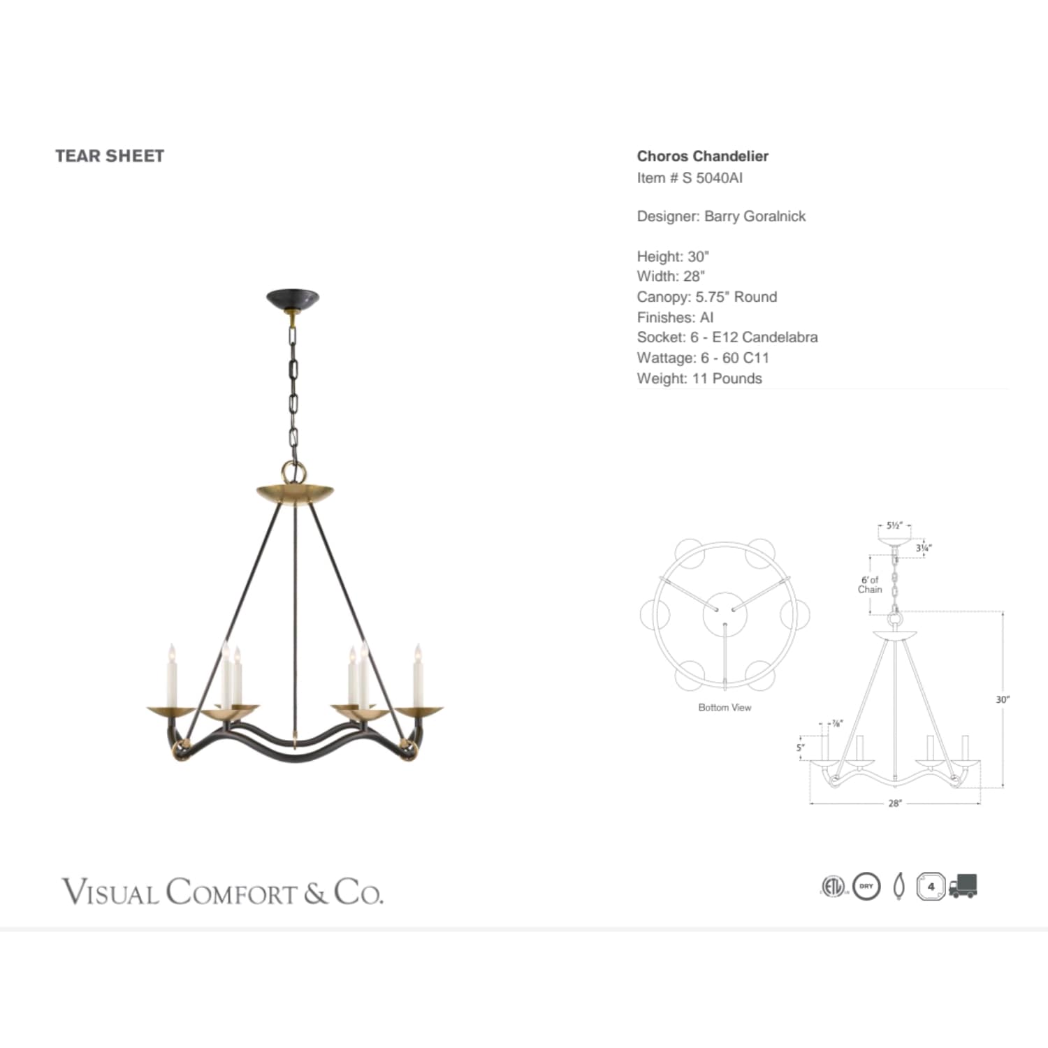 Visual Comfort & Co Chandelier Choros Chandelier in Aged Iron with Hand-Rubbed Brass