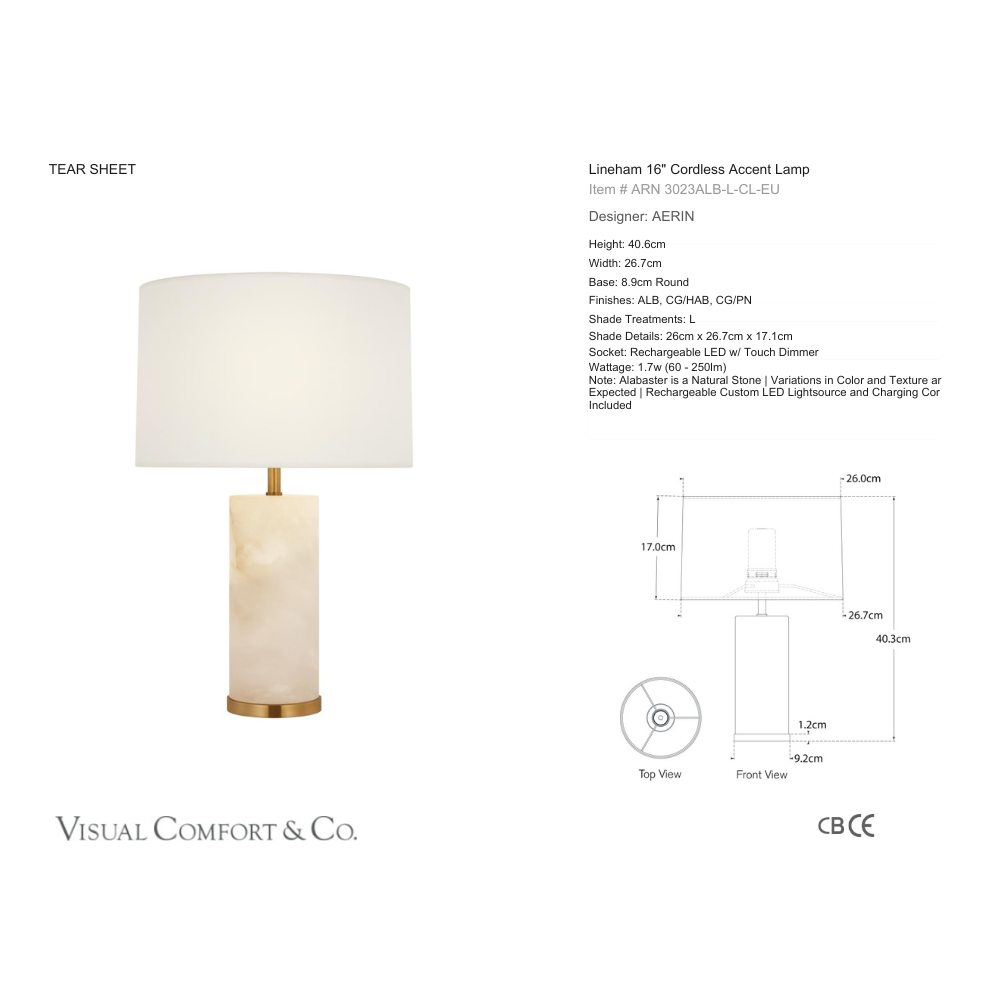 Visual Comfort & Co Cordless Table Lamp Lineham 16" Cordless Table Lamp in Alabaster w Linen Shade