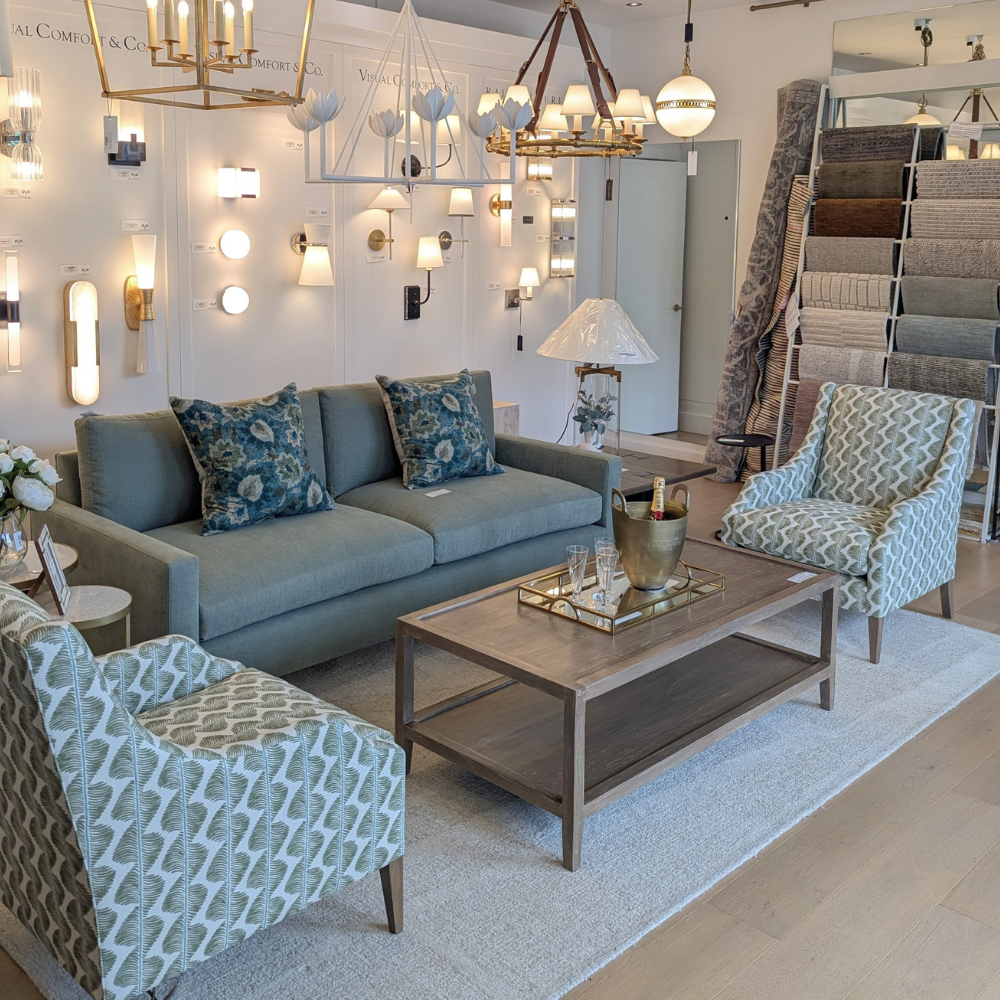 Manon Thyme Sofa in green linen Gaudion Furniture with Julien Armchair