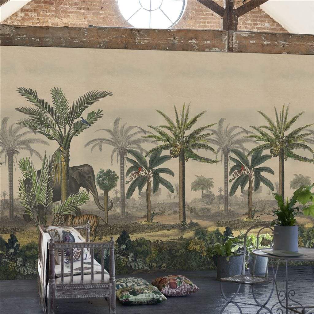 John Derian Wallpaper John Derian Palm Trail Scene 1 Sepia